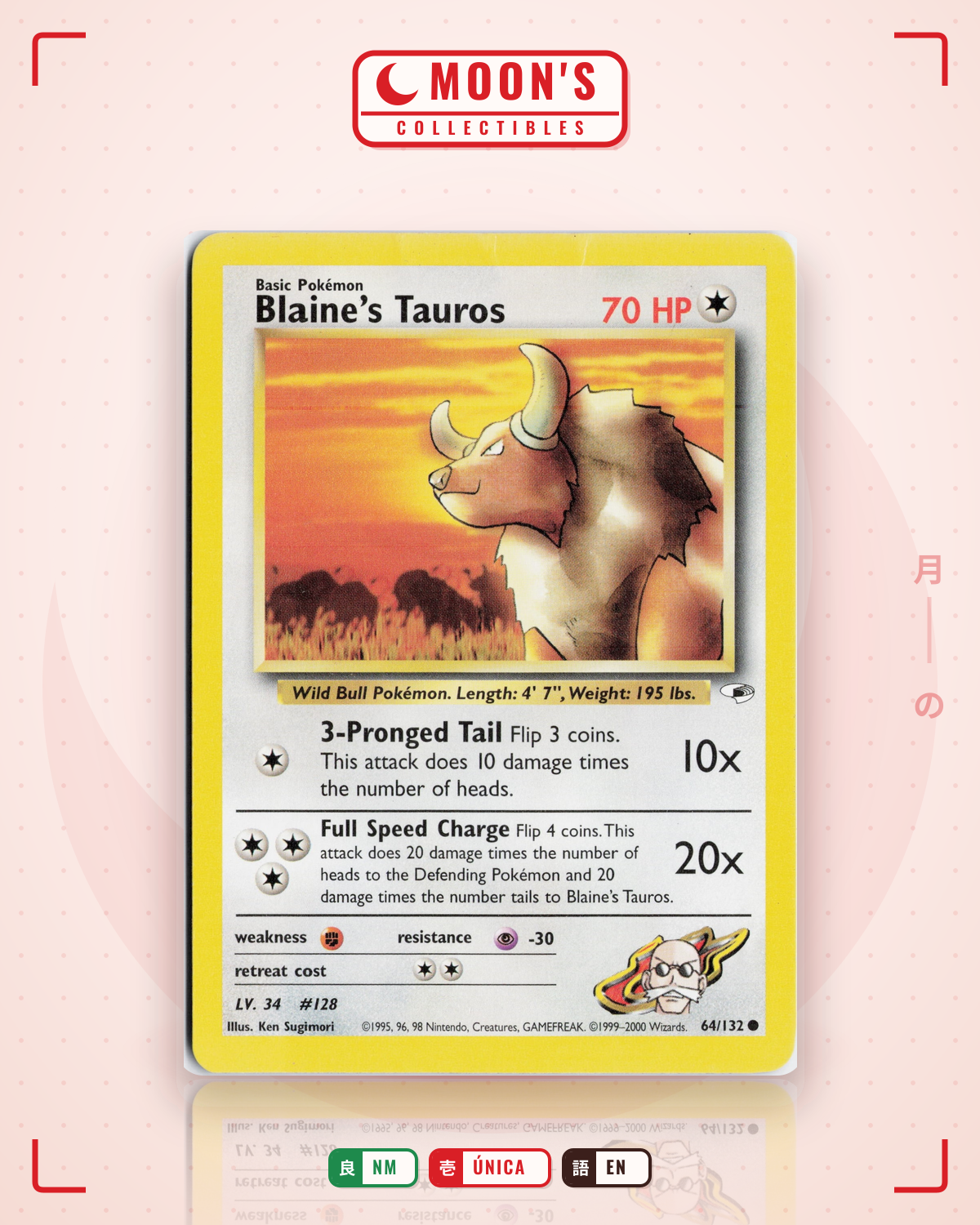 Carta Pokémon Blaine's Tauros · Gym Heroes #64/132 (NM) — pieza única en Moon's Collectibles México
