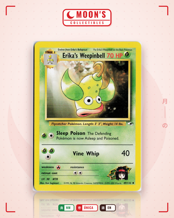 Carta Pokémon Erika's Weepinbell · Gym Heroes #49/132 (NM) — pieza única en Moon's Collectibles México