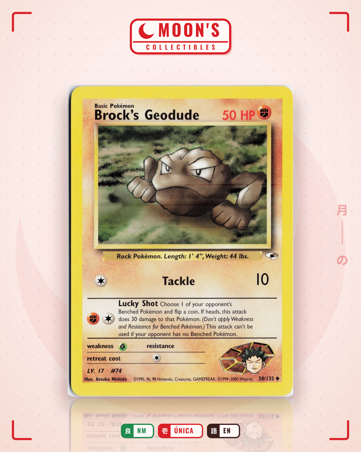 Carta Pokémon Brock's Geodude · Gym Heroes #38/132 (NM) — pieza única en Moon's Collectibles México