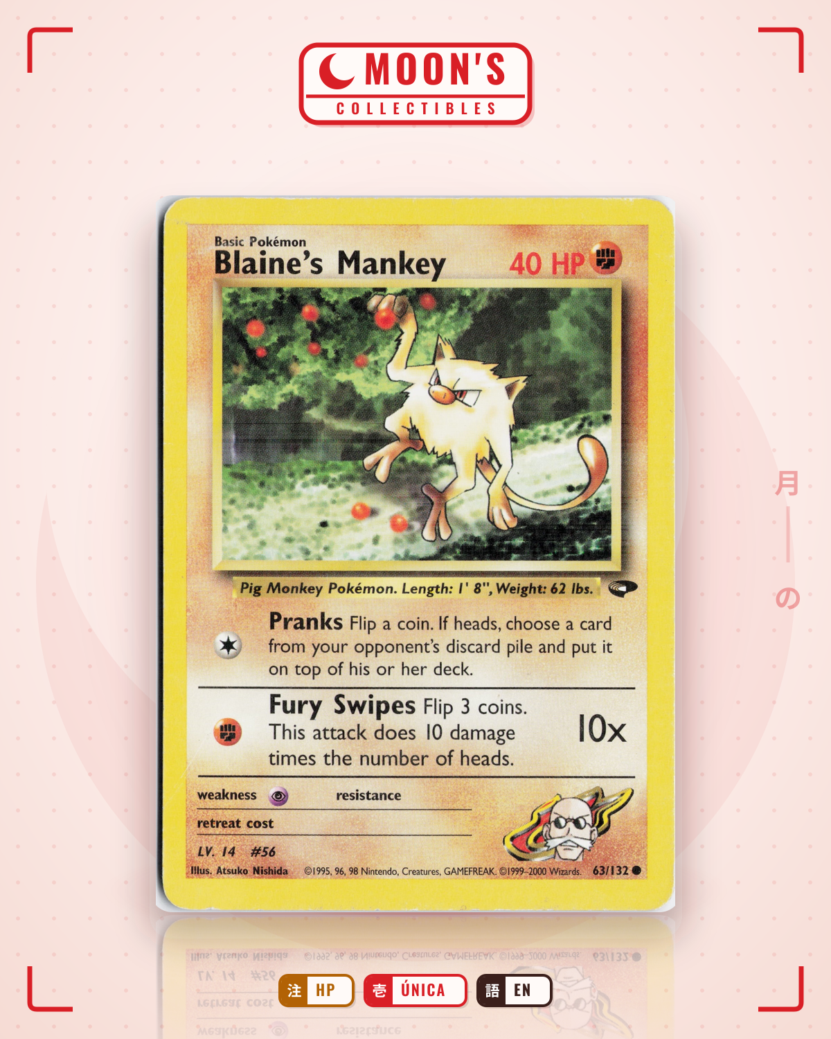 Carta Pokémon Blaine's Mankey · Gym Challenge #63/132 (HP) — pieza única en Moon's Collectibles México