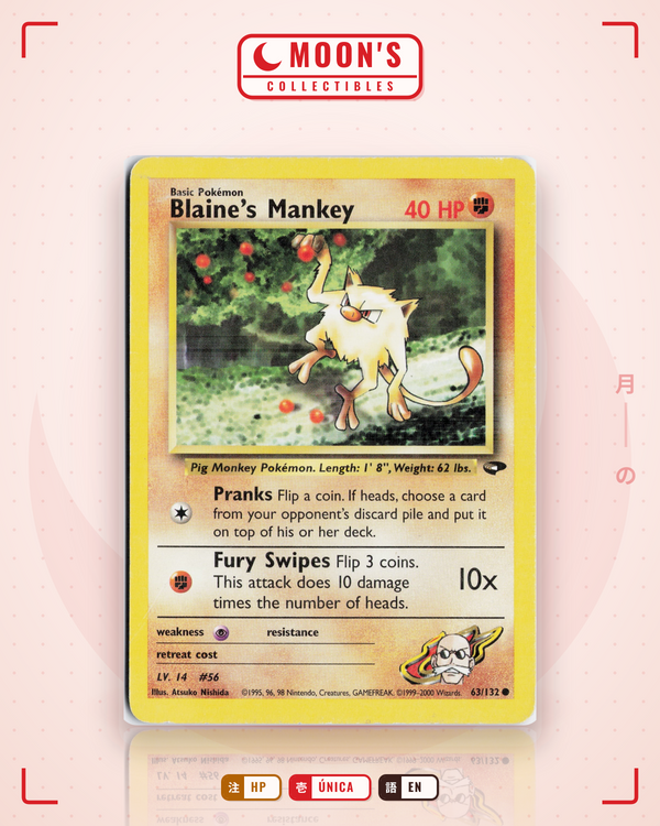 Carta Pokémon Blaine's Mankey · Gym Challenge #63/132 (HP) — pieza única en Moon's Collectibles México