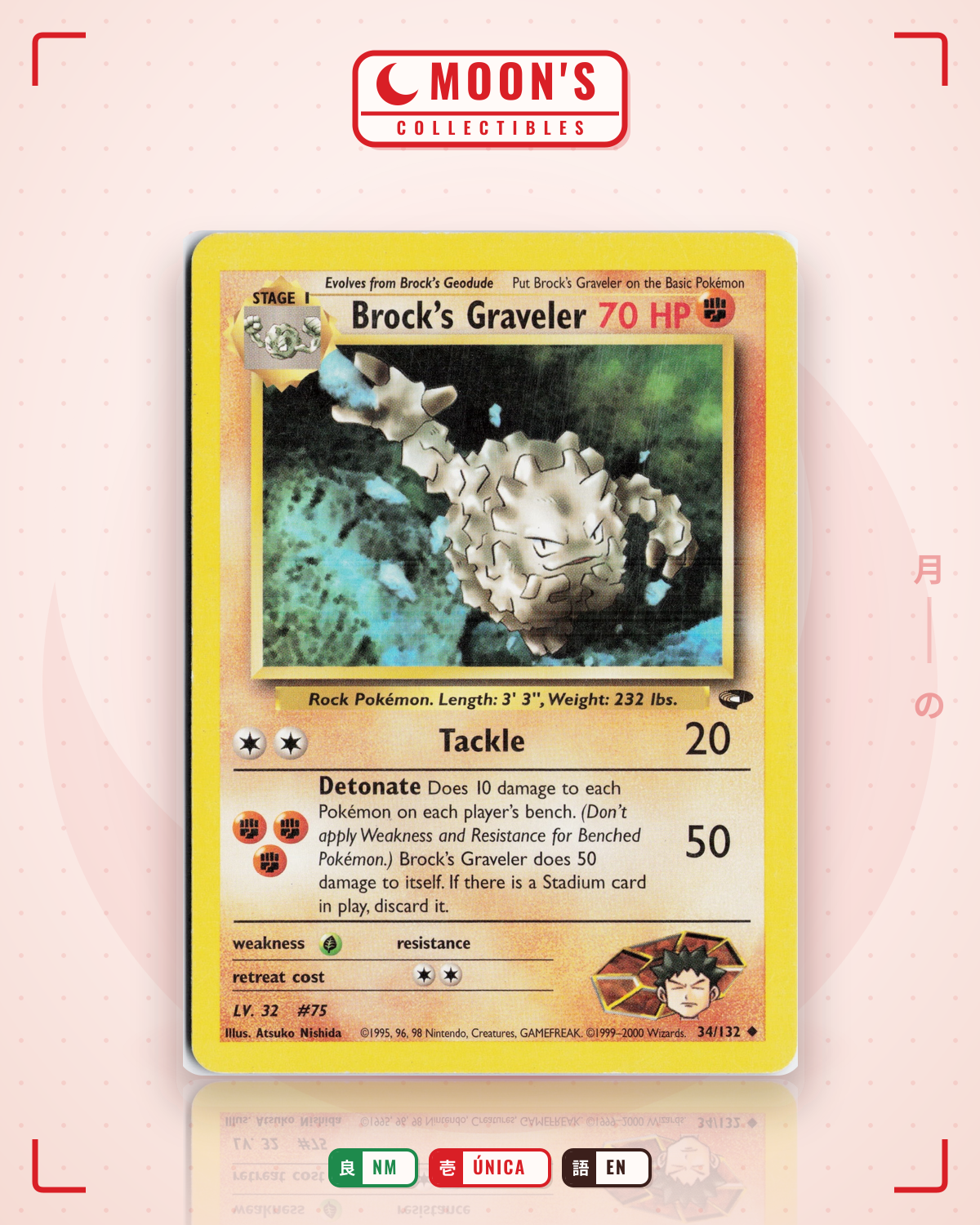 Carta Pokémon Brock's Graveler · Gym Challenge #34/132 (NM) — pieza única en Moon's Collectibles México