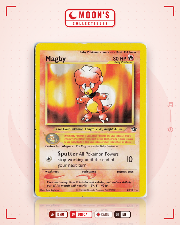 Carta Pokémon Magby · Neo Genesis #23/111 (DMG) — pieza única en Moon's Collectibles México
