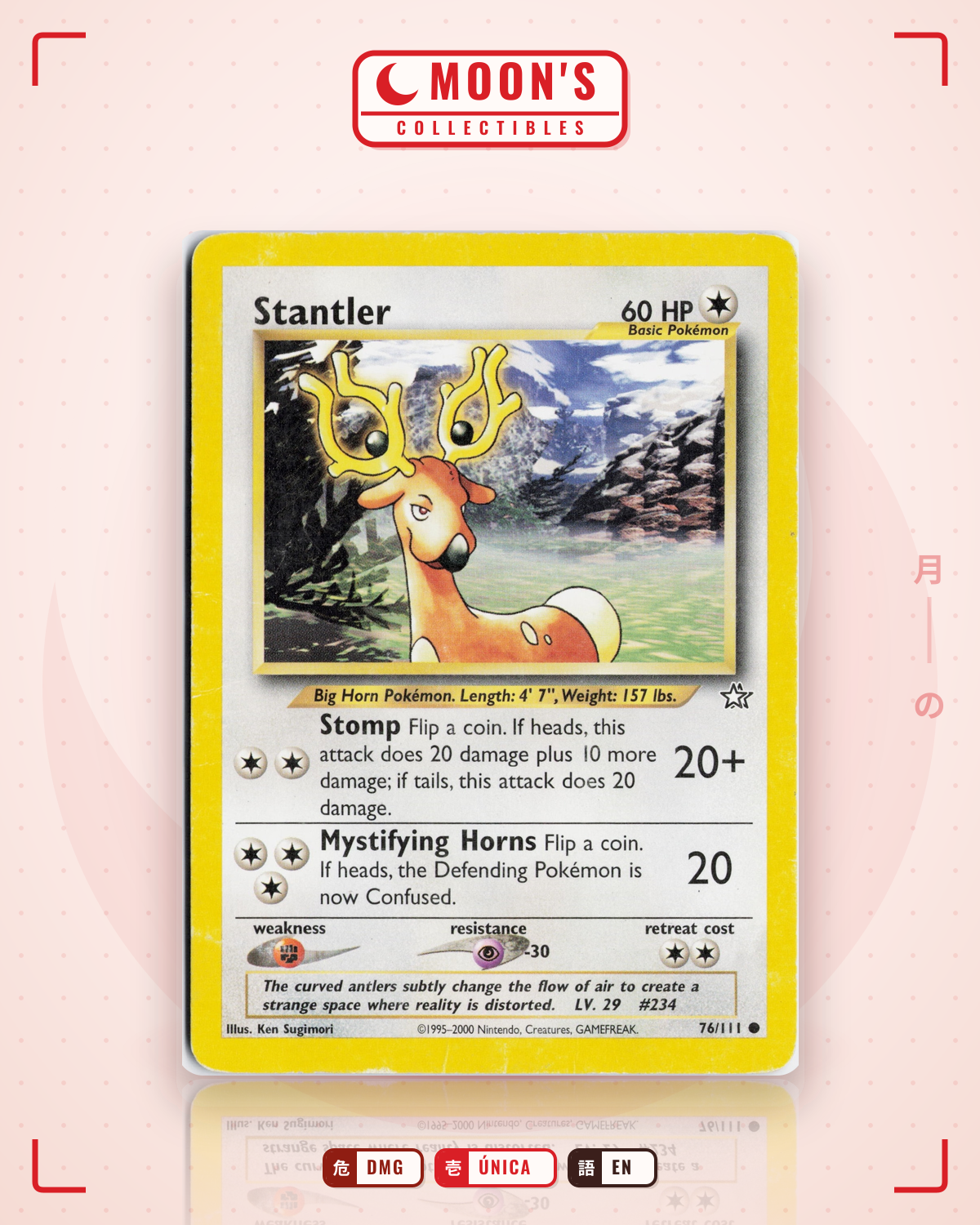 Carta Pokémon Stantler · Neo Genesis #76/111 (DMG) — pieza única en Moon's Collectibles México