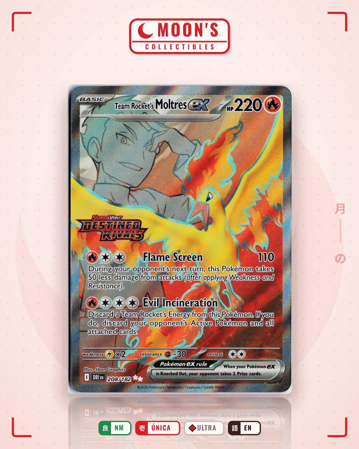 Carta Pokémon Team Rocket's Moltres ex · Destined Rivals #208/182 (NM) — pieza única en Moon's Collectibles México