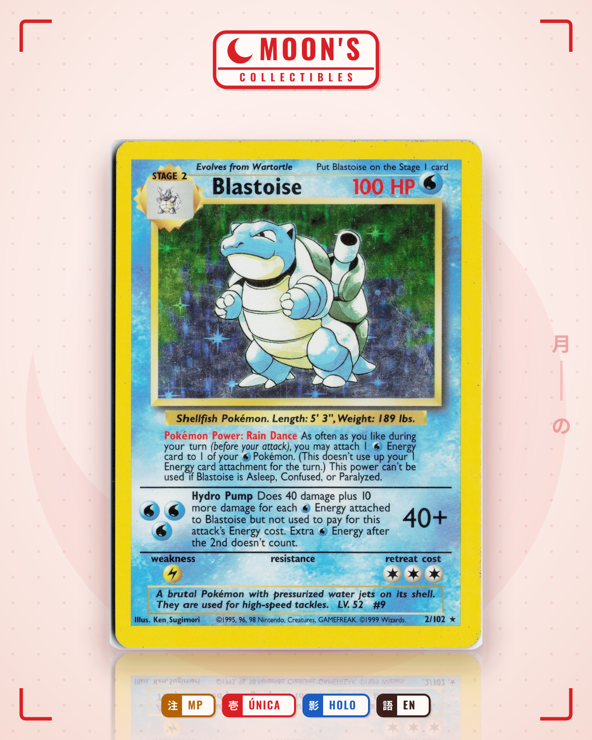 Carta Pokémon Blastoise · Base #2/102 (MP) — pieza única en Moon's Collectibles México