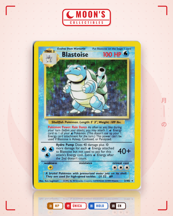 Carta Pokémon Blastoise · Base #2/102 (MP) — pieza única en Moon's Collectibles México