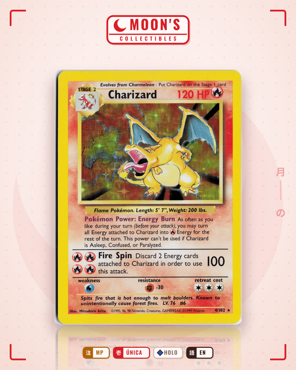 Carta Pokémon Charizard Unlimited · Base Set #4/102 (MP) — pieza única en Moon's Collectibles México