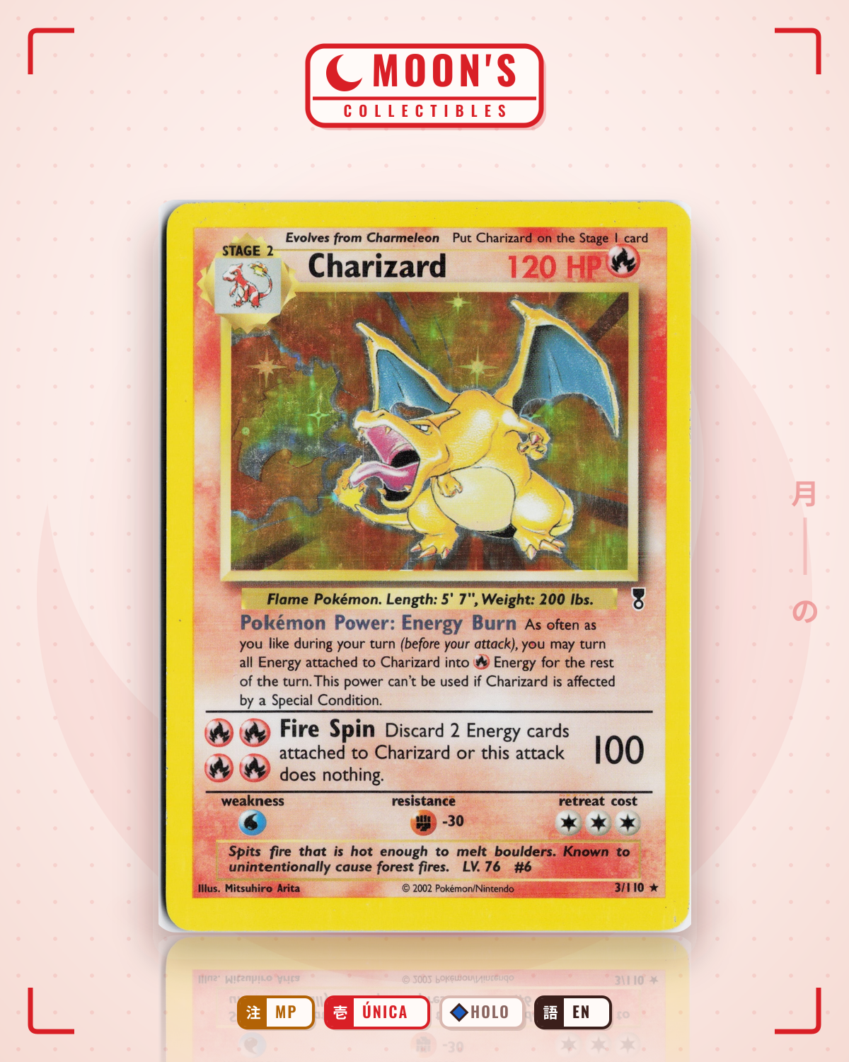 Carta Pokémon Charizard · Base #4/102 (MP) — pieza única en Moon's Collectibles México