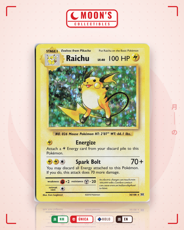 Carta Pokémon Raichu · Evolutions #36/108 (NM) — pieza única en Moon's Collectibles México