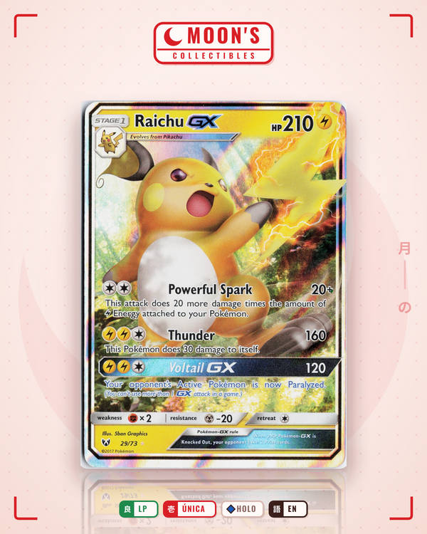 Carta Pokémon Raichu-GX · Shining Legends #29/73 (LP) — pieza única en Moon's Collectibles México