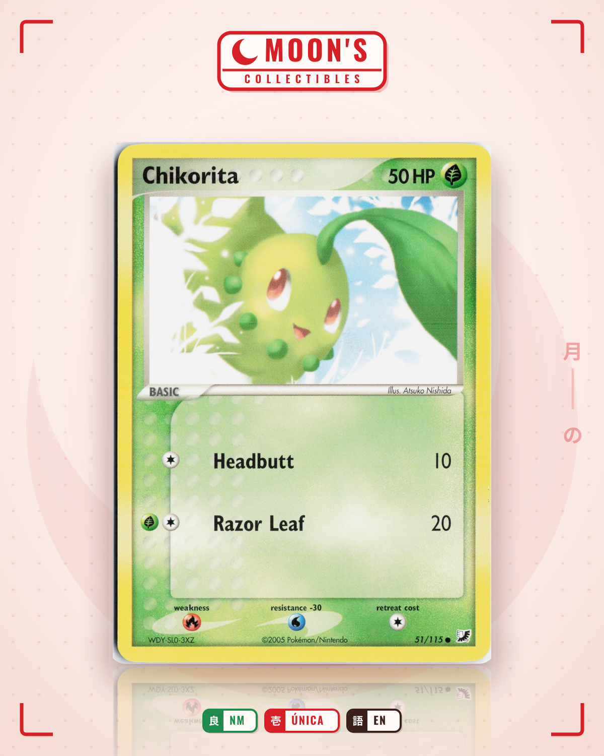 Carta Pokémon Chikorita · Unseen Forces #51/115 (NM) — pieza única en Moon's Collectibles México
