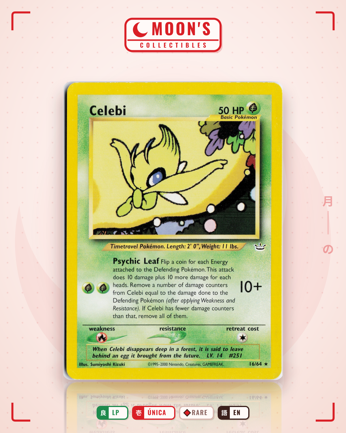 Carta Pokémon Celebi · Neo Revelation #16/64 (LP) — pieza única en Moon's Collectibles México