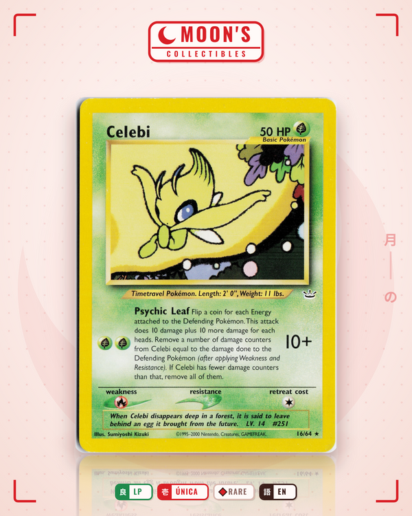 Carta Pokémon Celebi · Neo Revelation #16/64 (LP) — pieza única en Moon's Collectibles México