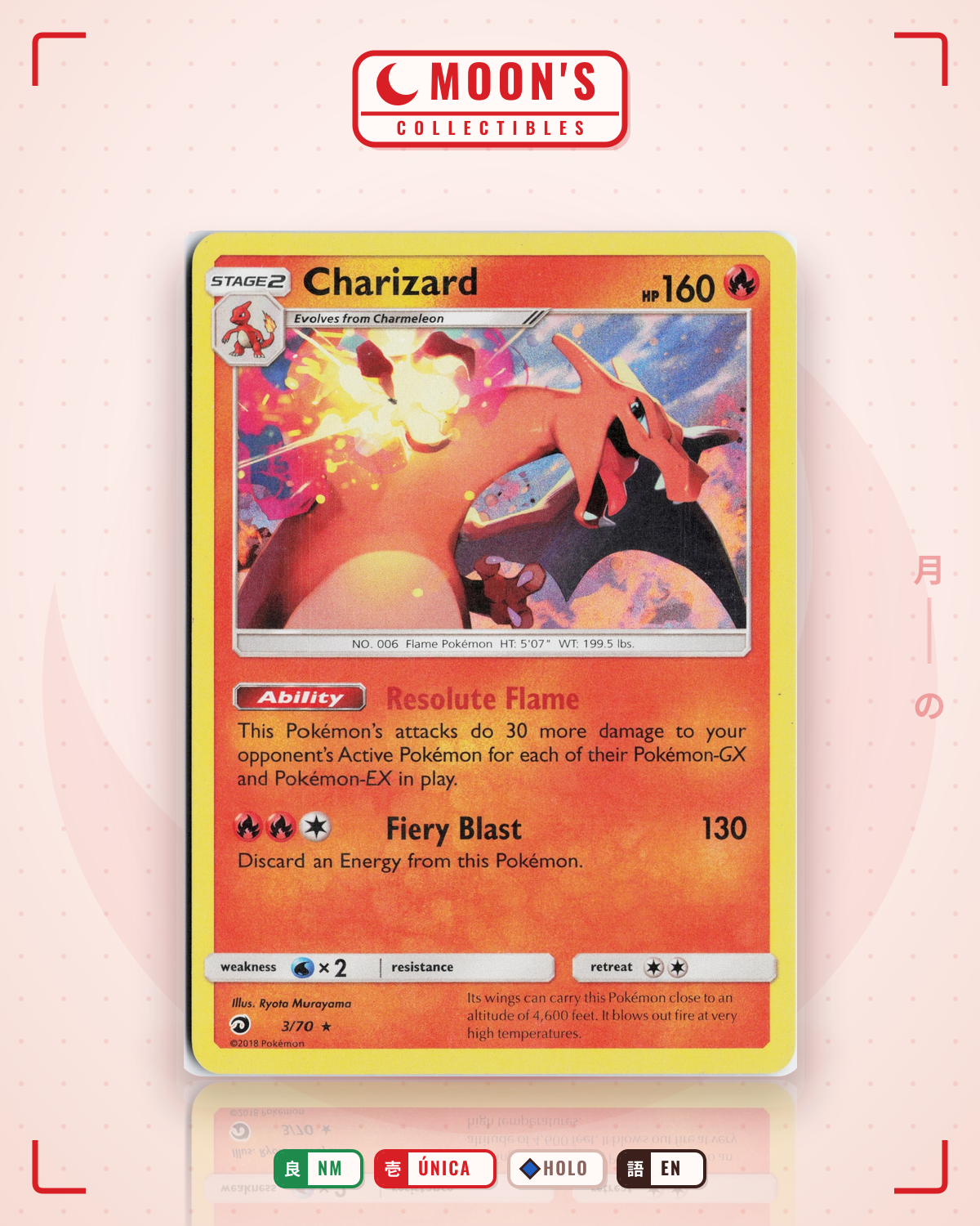 Carta Pokémon Charizard · Dragon Majesty #3/70 (NM) — pieza única en Moon's Collectibles México