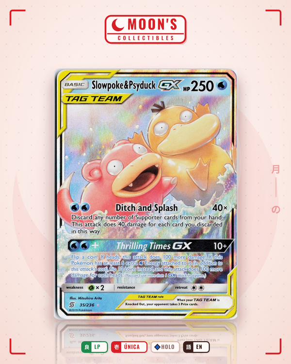 Carta Pokémon Slowpoke & Psyduck-GX · Unified Minds #35/236 (LP) — pieza única en Moon's Collectibles México
