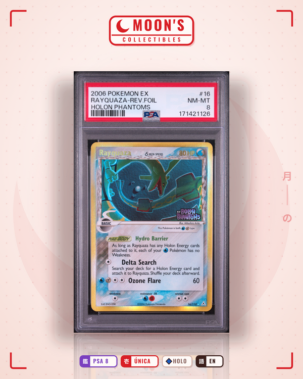 Carta Pokémon Rayquaza δ · Holon Phantoms #16/110 (PSA 8) — pieza única en Moon's Collectibles México