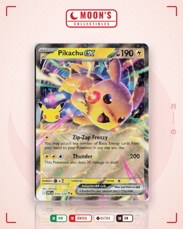 Carta Pokémon Pikachu ex · 30th Celebration #054/128 (NM) — pieza única en Moon's Collectibles México