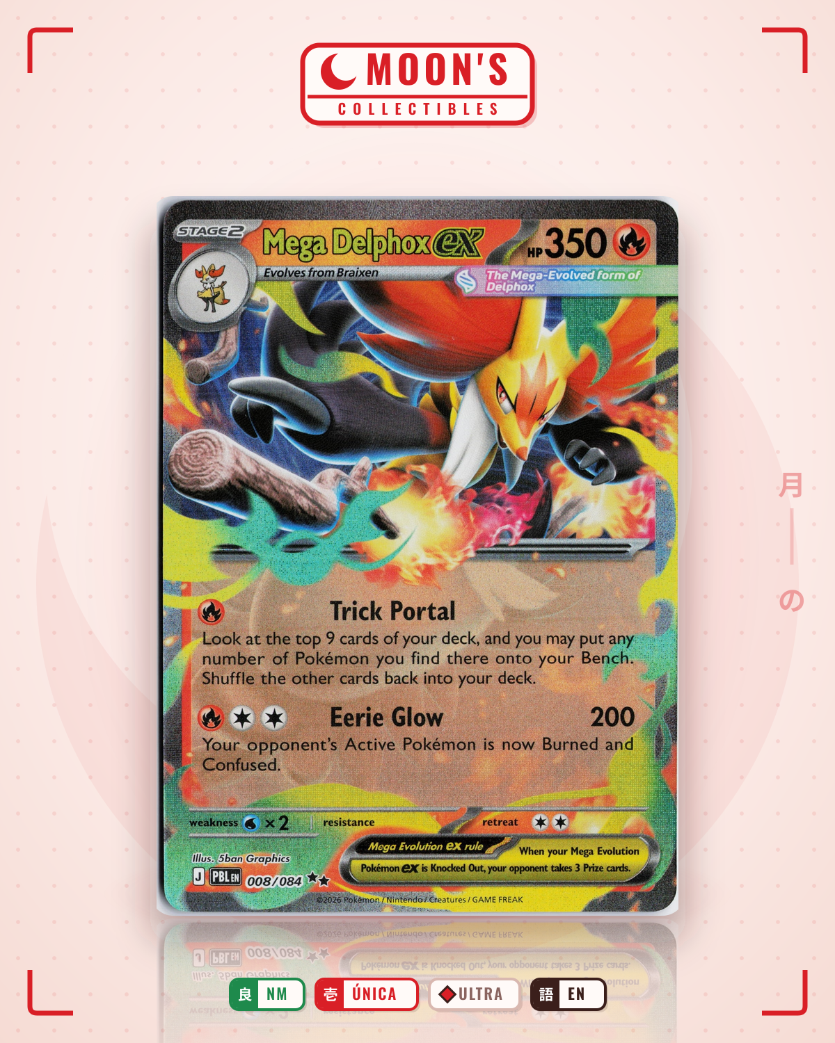 Carta Pokémon Mega Delphox ex · Pitch Black #008/084 (NM) — pieza única en Moon's Collectibles México