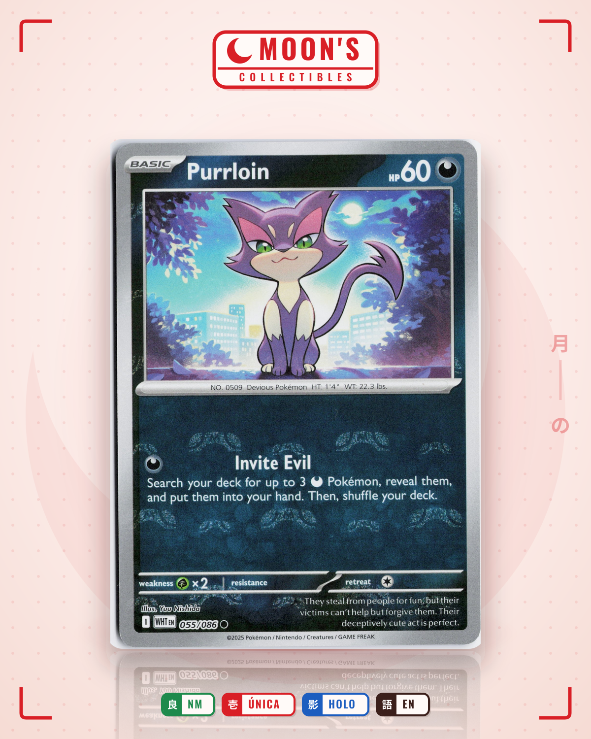 Carta Pokémon Purrloin · White Flare #055/086 (NM) — pieza única en Moon's Collectibles México