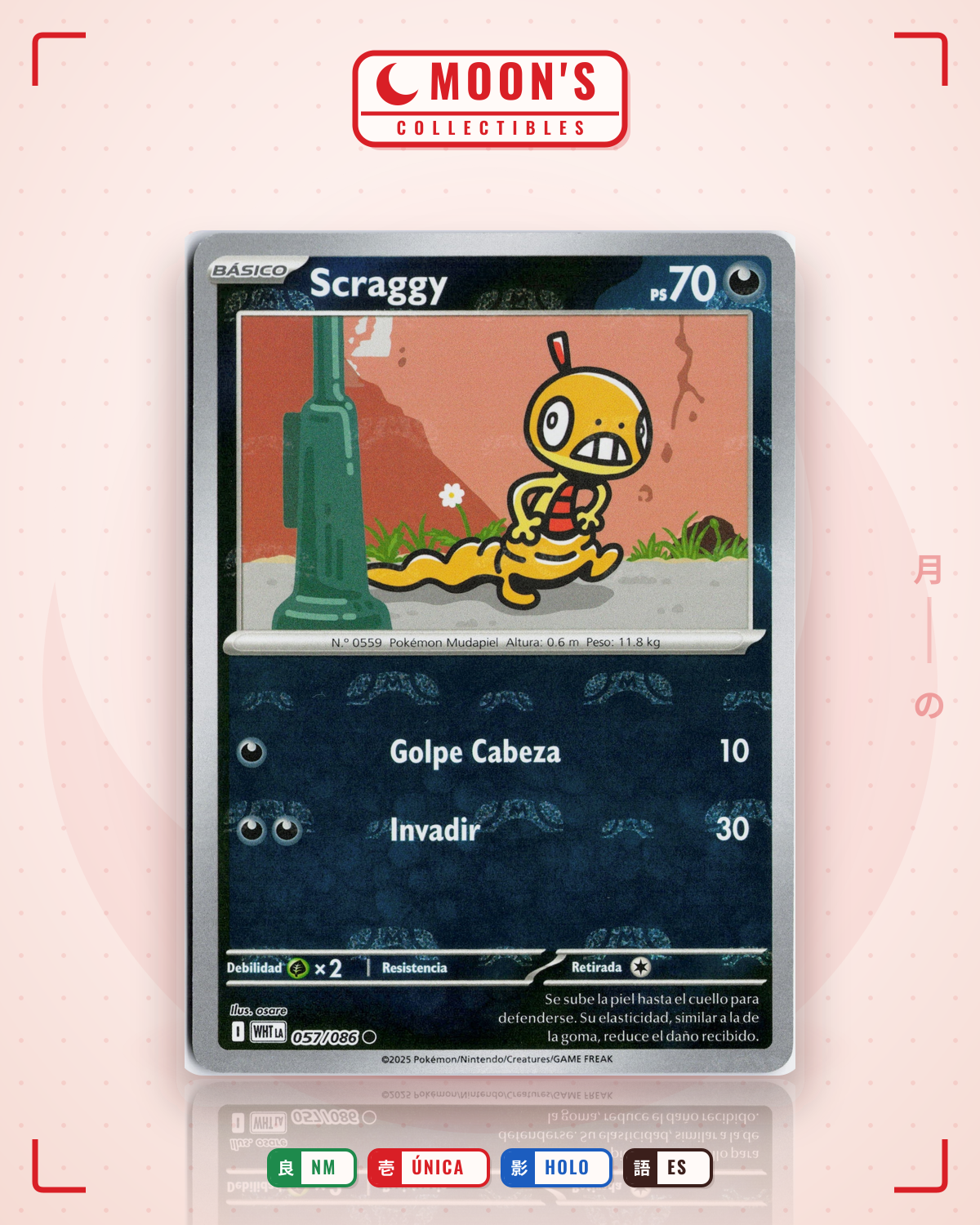 Carta Pokémon Scraggy · White Flare #057/086 (NM) — pieza única en Moon's Collectibles México