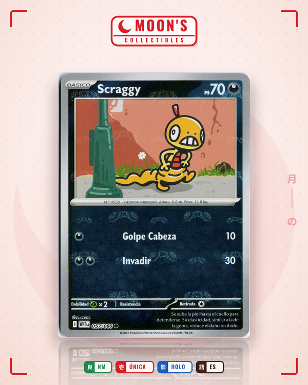 Carta Pokémon Scraggy · White Flare #057/086 (NM) — pieza única en Moon's Collectibles México