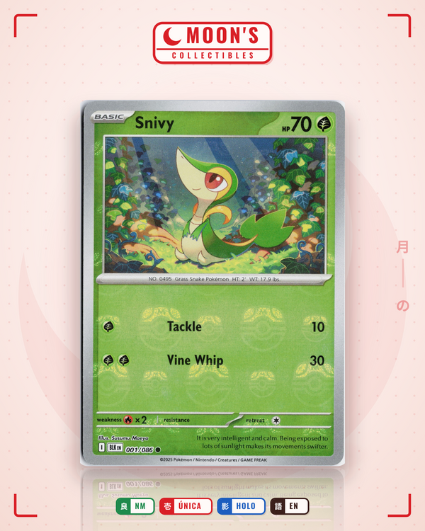 Carta Pokémon Snivy · Black Bolt #001/086 (NM) — pieza única en Moon's Collectibles México