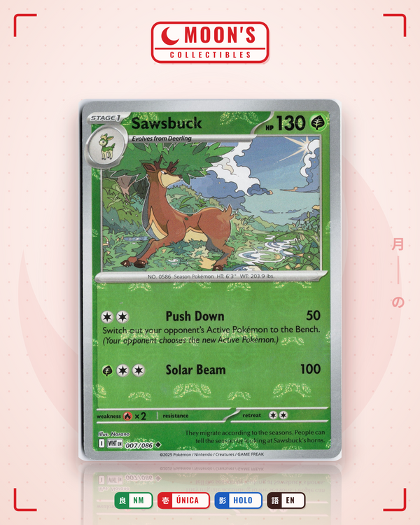 Carta Pokémon Sawsbuck · White Flare #007/086 (NM) — pieza única en Moon's Collectibles México