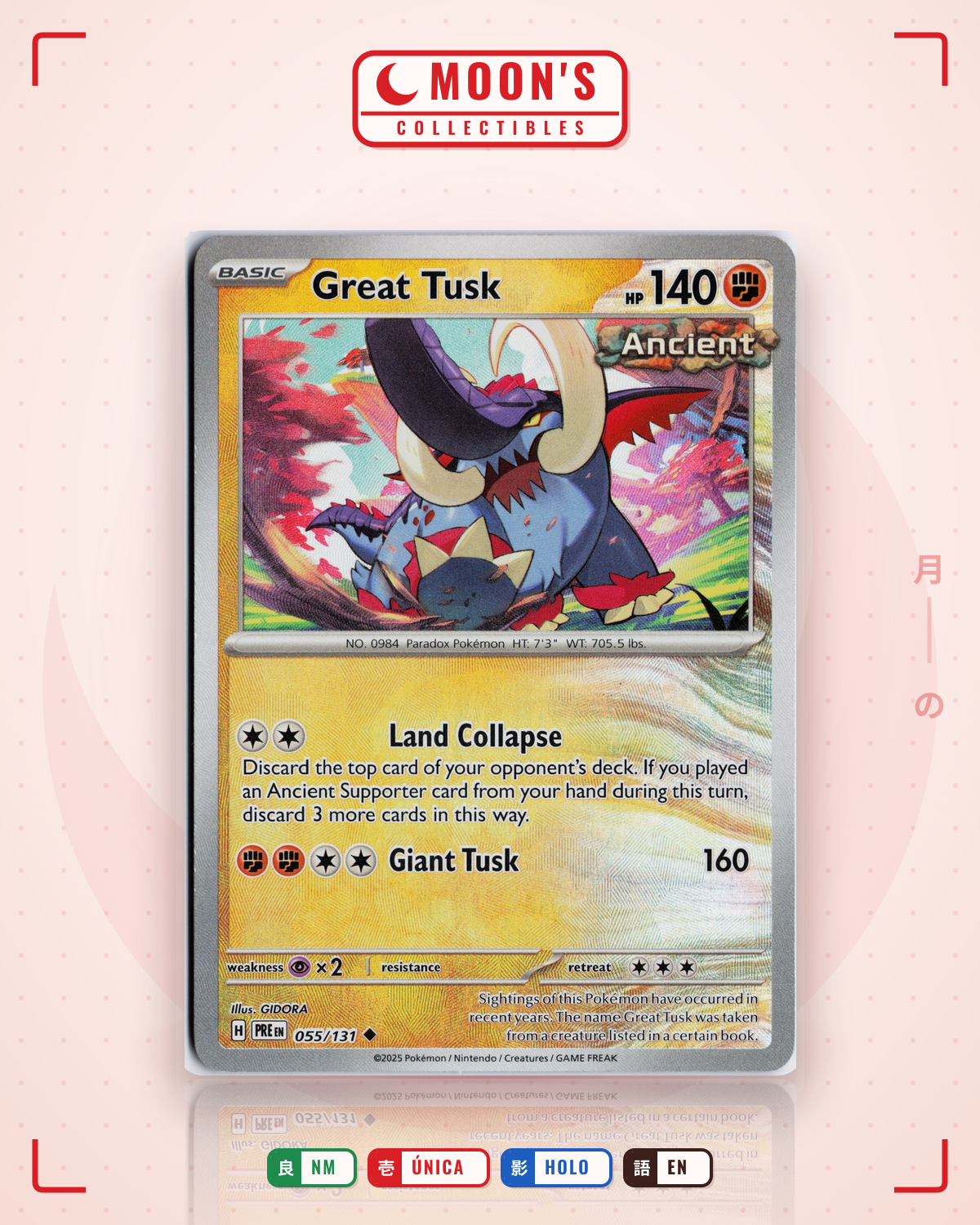 Carta Pokémon Great Tusk · Prismatic Evolutions #055/131 (NM) — pieza única en Moon's Collectibles México