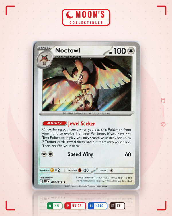 Carta Pokémon Noctowl · Prismatic Evolutions #078/131 (NM) — pieza única en Moon's Collectibles México