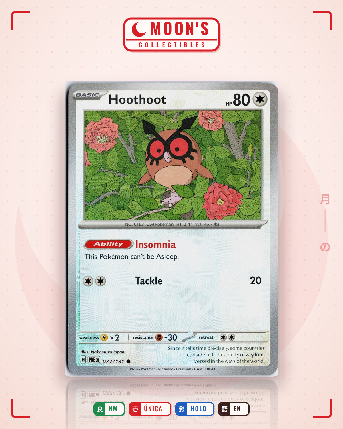 Carta Pokémon Hoothoot · Prismatic Evolutions #077/131 (NM) — pieza única en Moon's Collectibles México