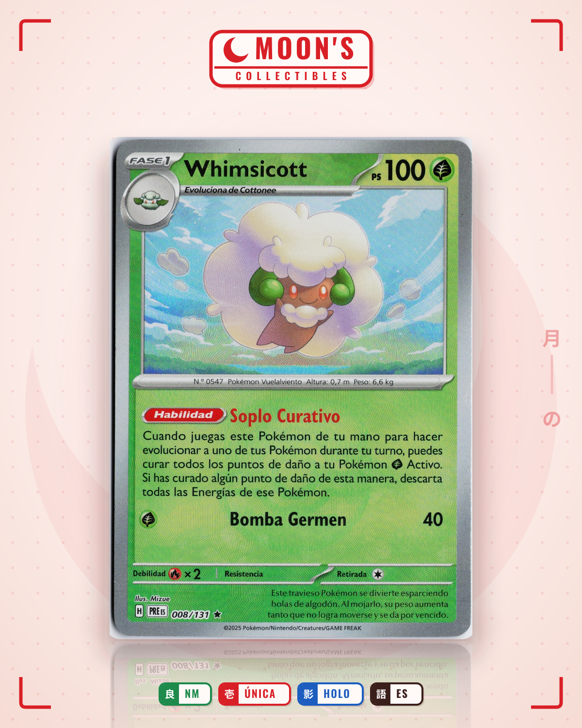Carta Pokémon Whimsicott · Prismatic Evolutions #008/131 (NM) — pieza única en Moon's Collectibles México