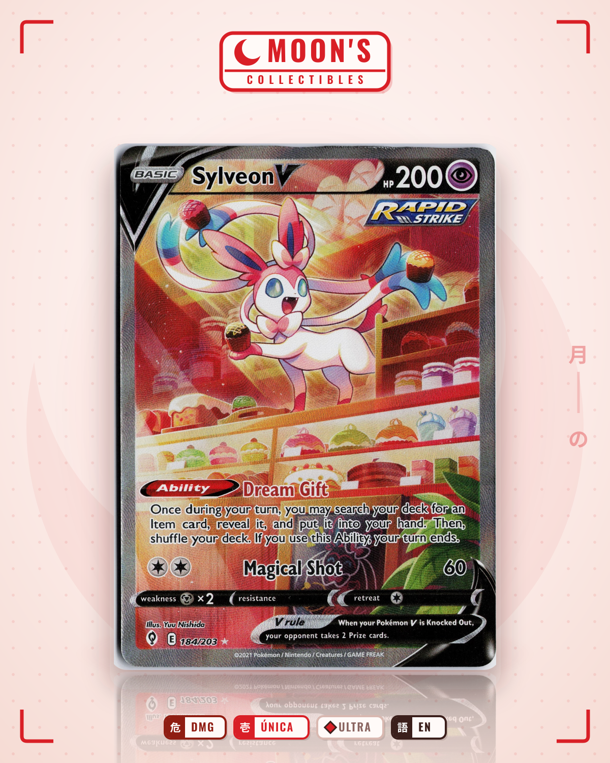 Carta Pokémon Sylveon V · Evolving Skies #184/203 (DMG) — pieza única en Moon's Collectibles México