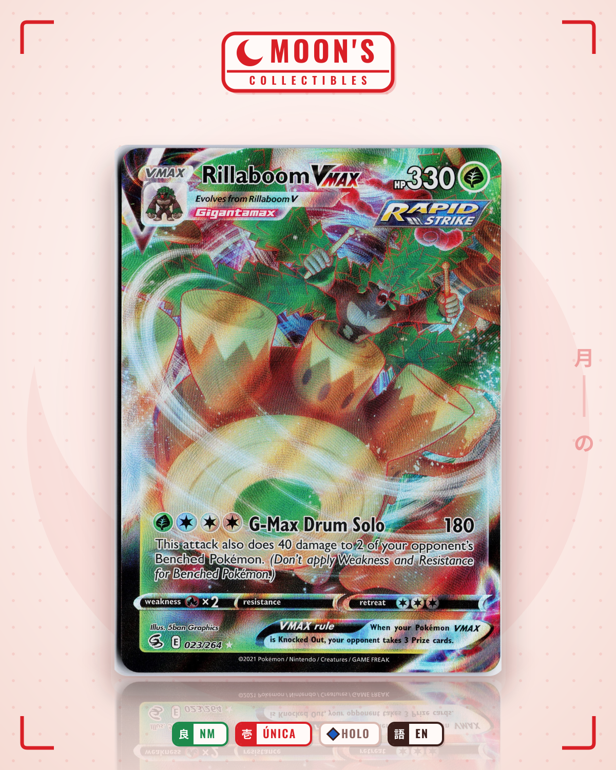 Carta Pokémon Rillaboom VMAX · Fusion Strike #023/264 (NM) — pieza única en Moon's Collectibles México