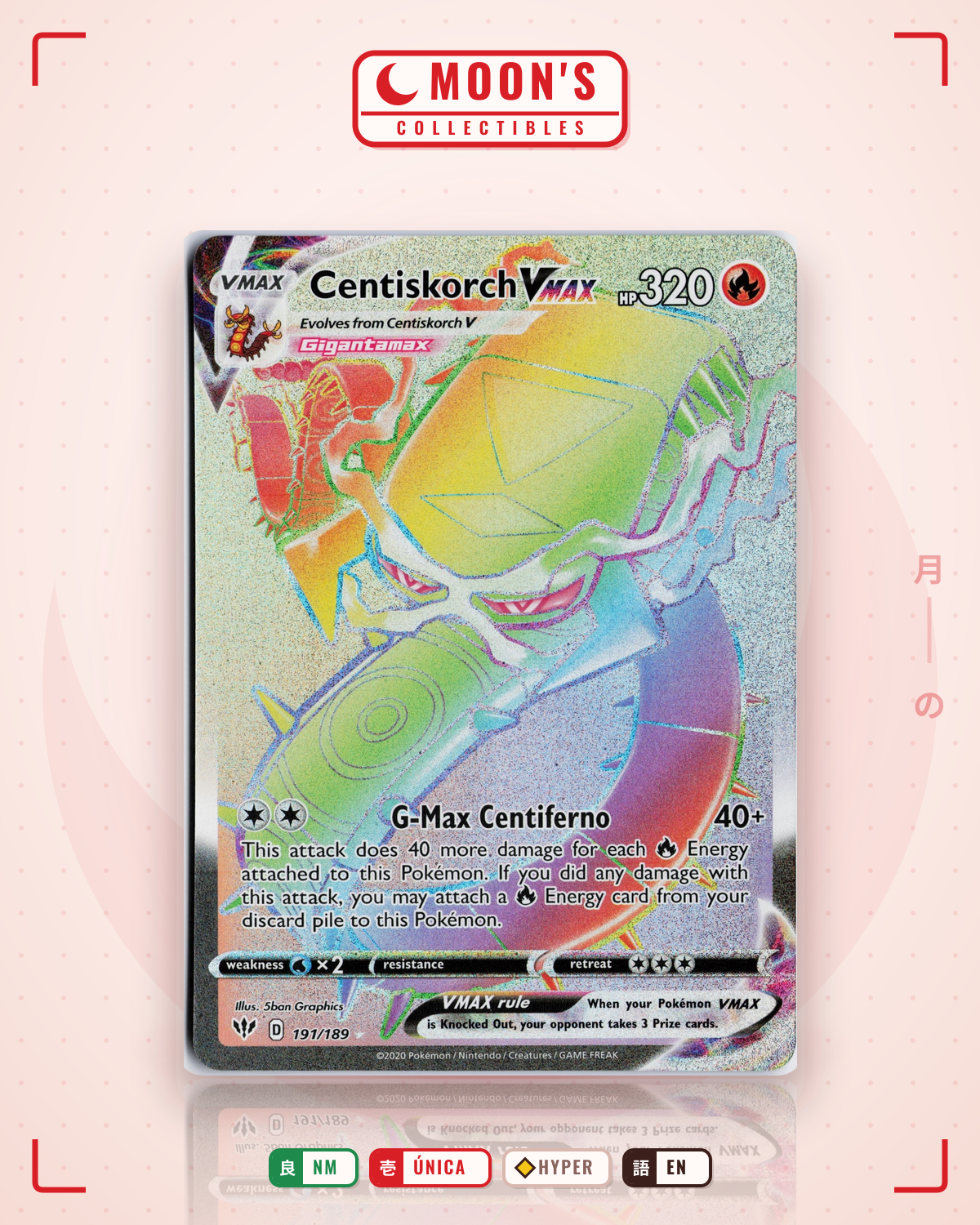 Carta Pokémon Centiskorch VMAX · Darkness Ablaze #191/189 (NM) — pieza única en Moon's Collectibles México