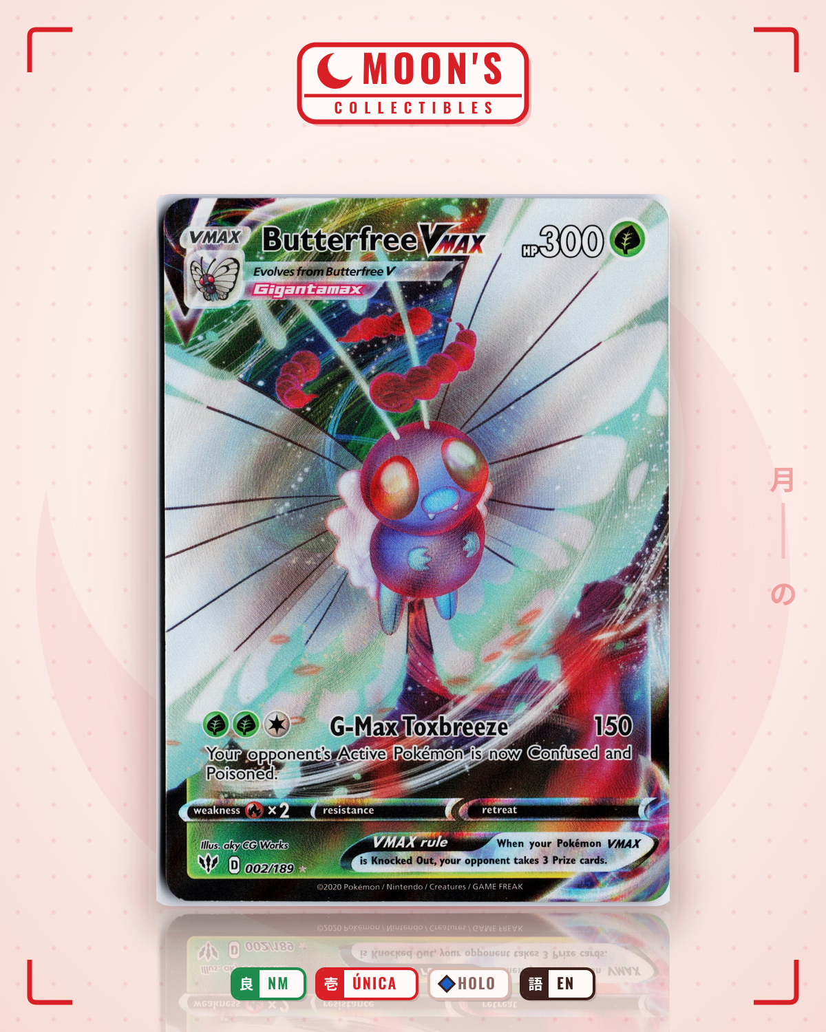 Carta Pokémon Butterfree VMAX · Darkness Ablaze #002/189 (NM) — pieza única en Moon's Collectibles México