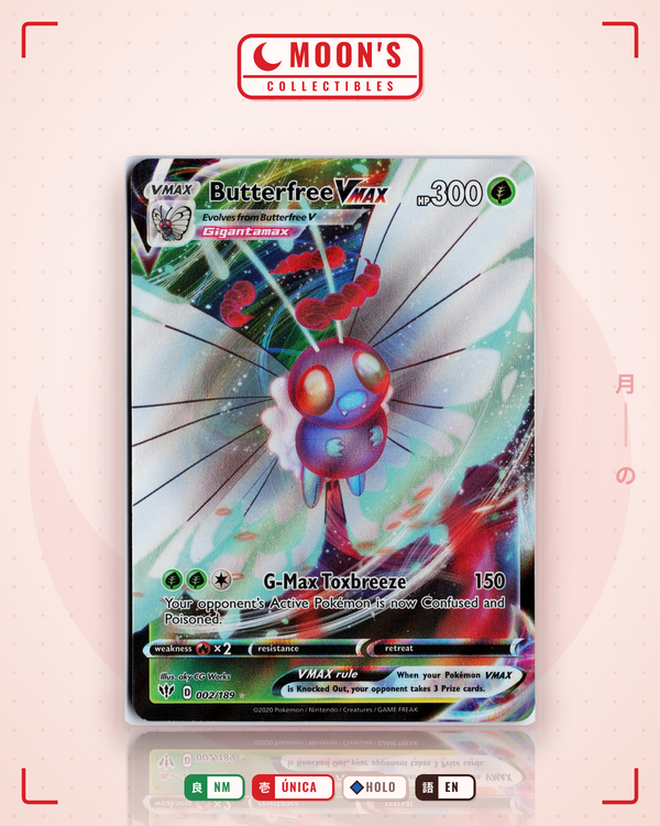 Carta Pokémon Butterfree VMAX · Darkness Ablaze #002/189 (NM) — pieza única en Moon's Collectibles México
