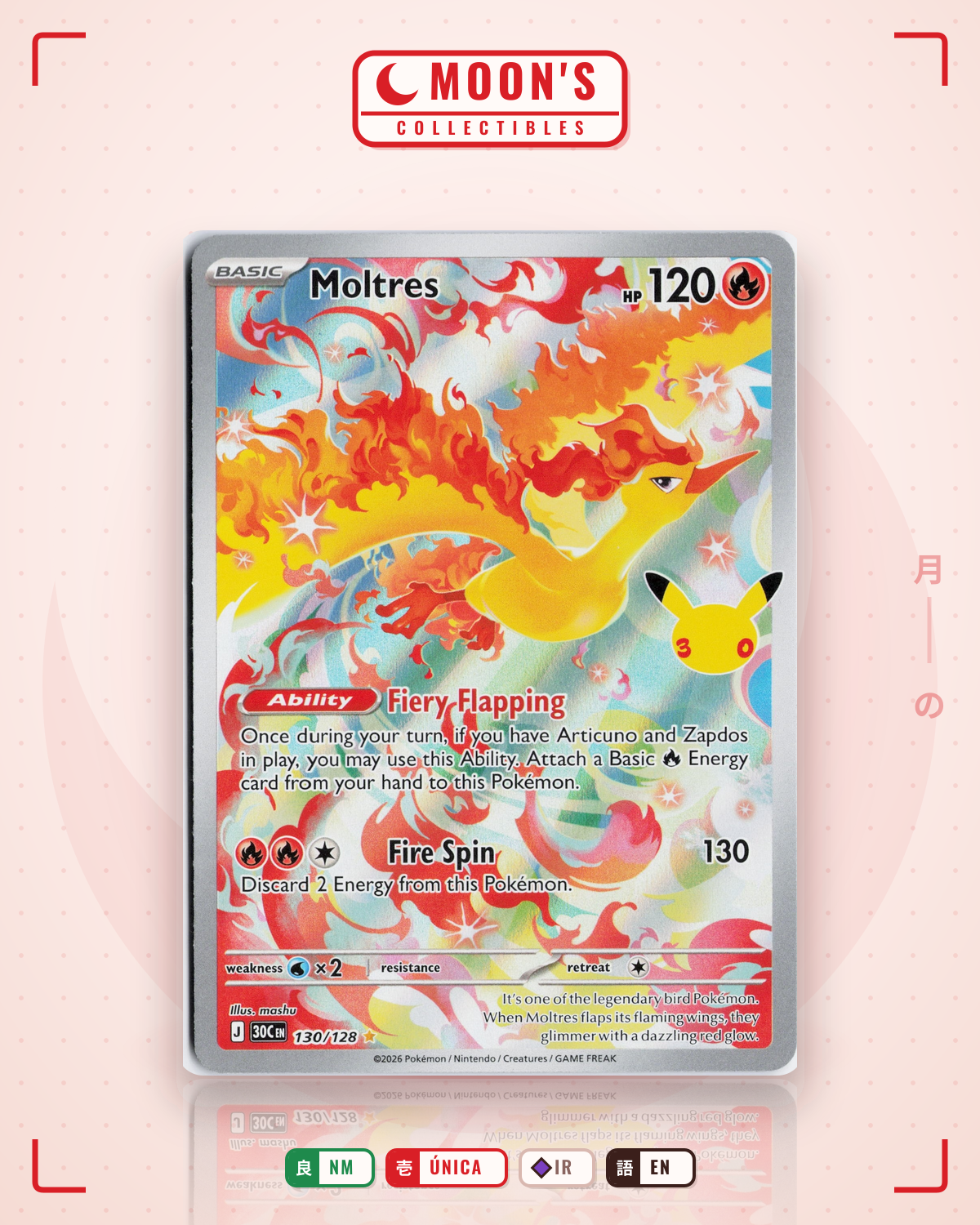 Carta Pokémon Moltres · 30th Celebration #130/128 (NM) — pieza única en Moon's Collectibles México