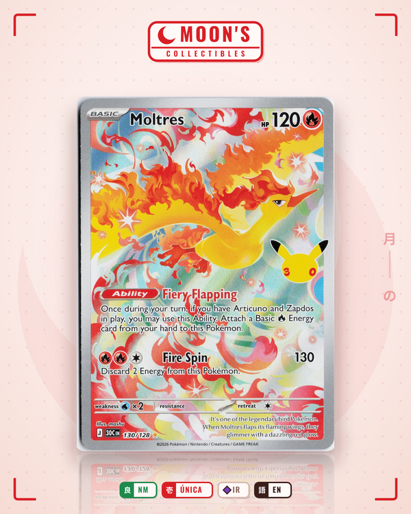 Carta Pokémon Moltres · 30th Celebration #130/128 (NM) — pieza única en Moon's Collectibles México