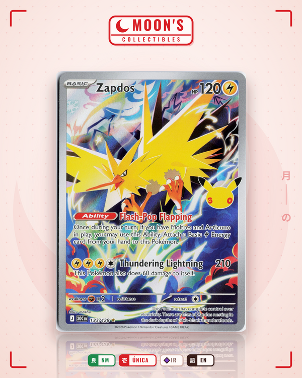 Carta Pokémon Zapdos · 30th Celebration #133/128 (NM) — pieza única en Moon's Collectibles México