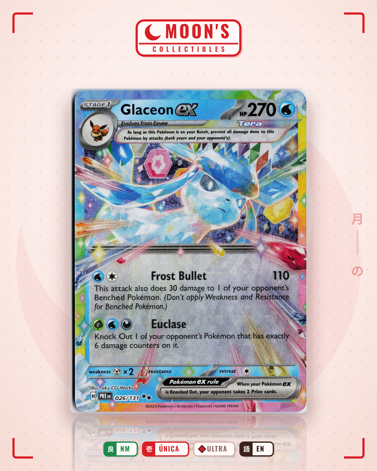 Carta Pokémon Glaceon ex · Prismatic Evolutions #026/131 (NM) — pieza única en Moon's Collectibles México