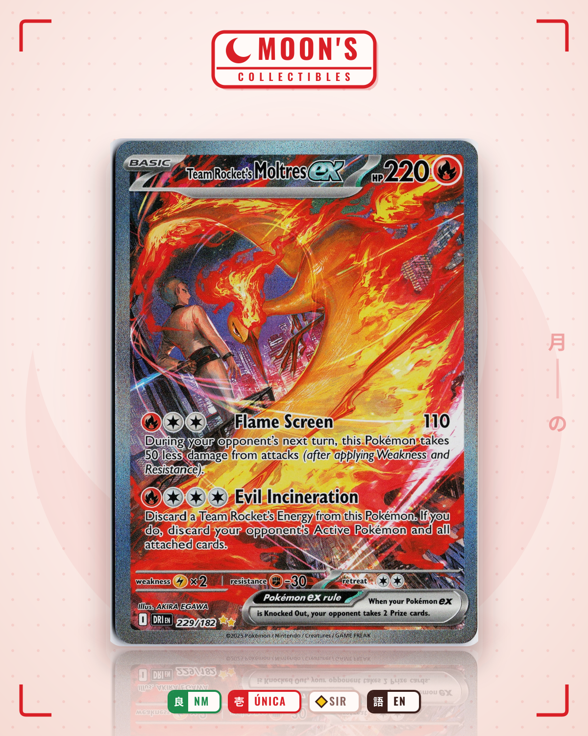 Carta Pokémon Team Rocket's Moltres ex · Destined Rivals #229/182 (NM) — pieza única en Moon's Collectibles México