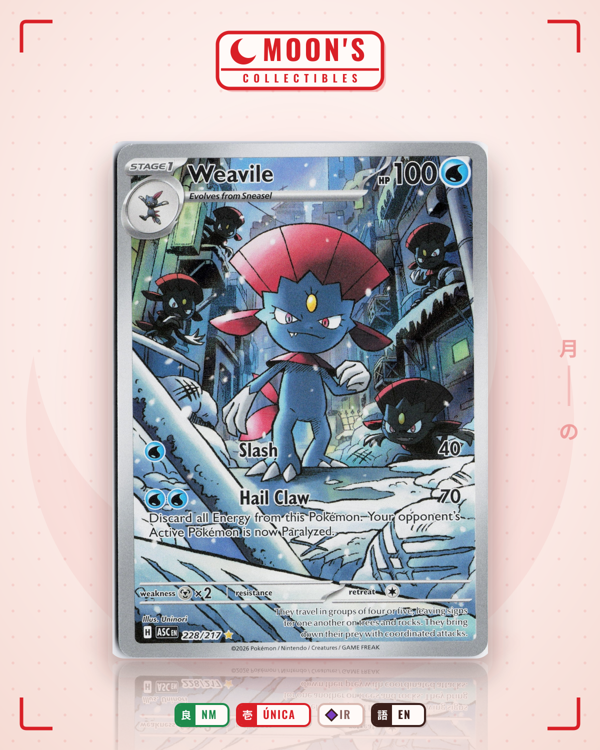 Carta Pokémon Weavile · Ascended Heroes #228/217 (NM) — pieza única en Moon's Collectibles México