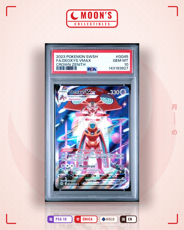 Carta Pokémon Deoxys VMAX · Crown Zenith Galarian Gallery #GG45/GG70 (PSA 10) — pieza única en Moon's Collectibles México