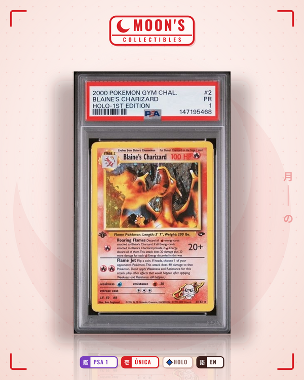 Carta Pokémon Blaine's Charizard · Gym Challenge #2/132 (PSA 1) — pieza única en Moon's Collectibles México