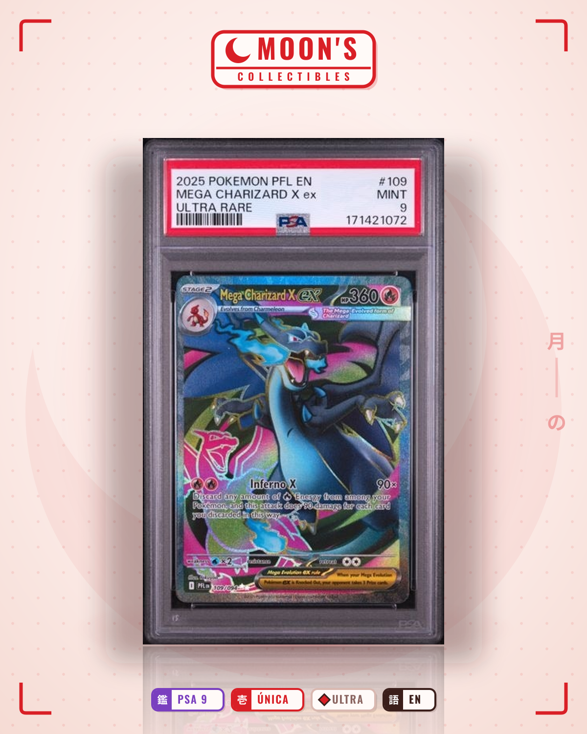 Carta Pokémon Mega Charizard X ex · Phantasmal Flames #109/094 (PSA 9) — pieza única en Moon's Collectibles México