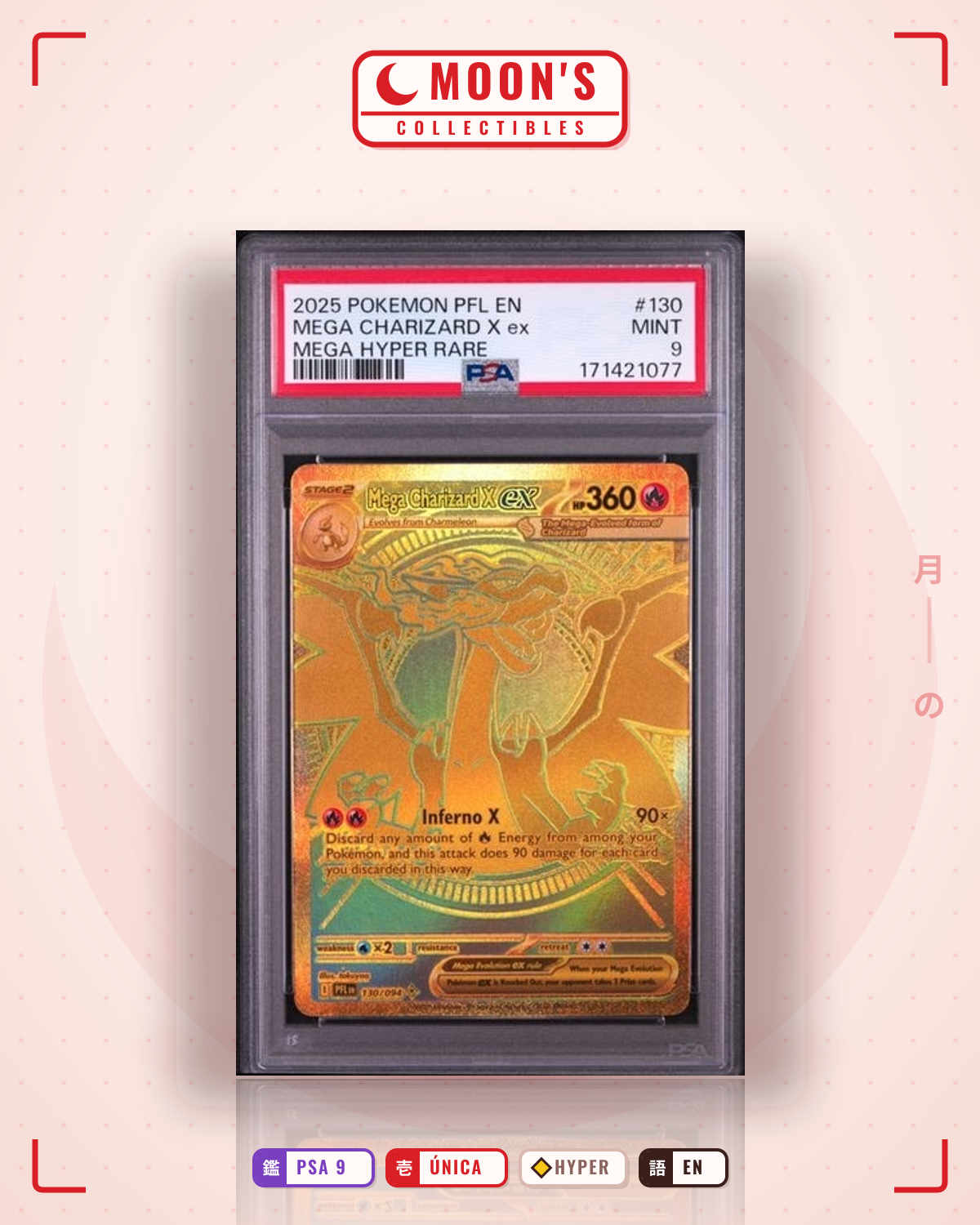 Carta Pokémon Mega Charizard X ex · Phantasmal Flames #130/094 (PSA 9) — pieza única en Moon's Collectibles México