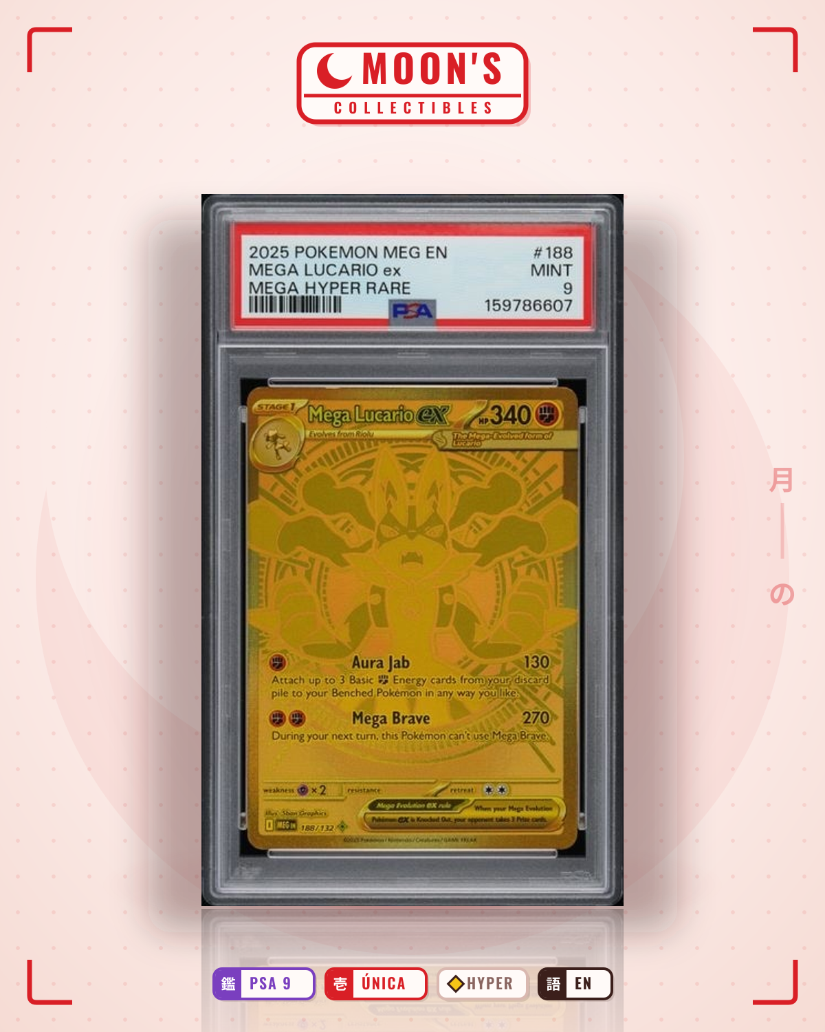 Carta Pokémon Mega Lucario ex · Mega Evolution #188/132 (PSA 9) — pieza única en Moon's Collectibles México