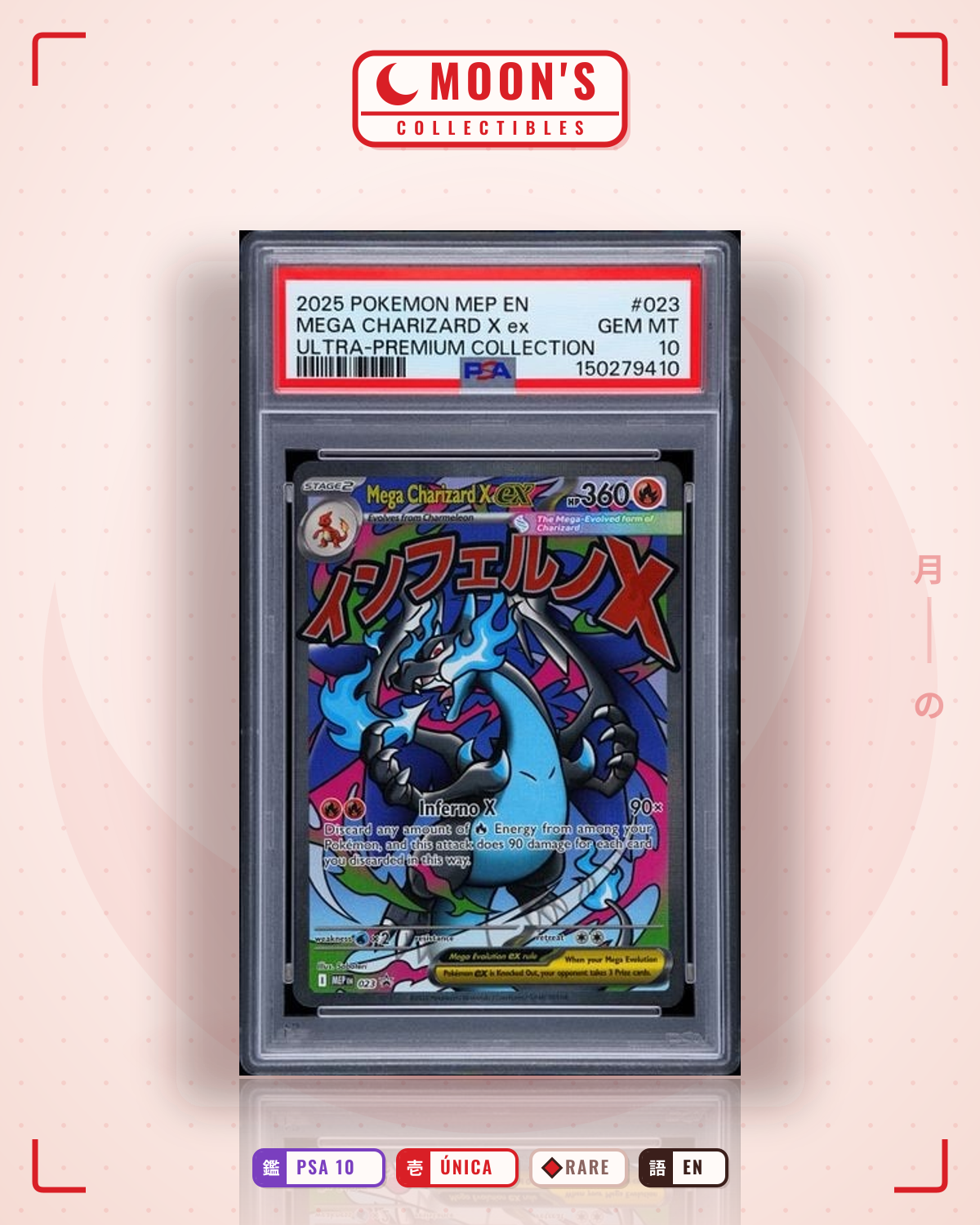 Carta Pokémon Mega Charizard X ex · Mega Evolution Black Star Promos #023 (PSA 10) — pieza única en Moon's Collectibles México