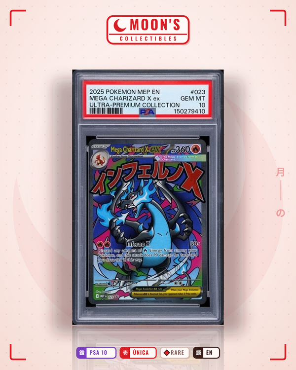 Carta Pokémon Mega Charizard X ex · Mega Evolution Black Star Promos #023 (PSA 10) — pieza única en Moon's Collectibles México